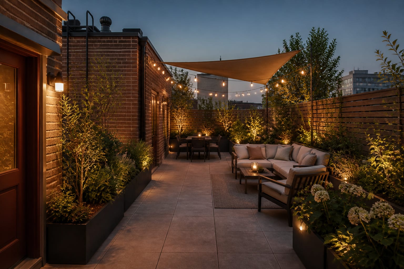 AI roof terrace design preview with modular sofa, tall perimeter planters, shade canopy, dining corner, and warm low-glare lighting.