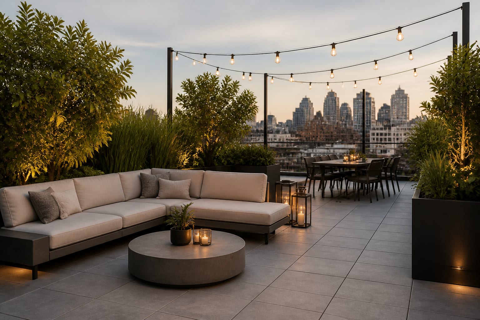 roof terrace with modular lounge seating, tall planters, warm string lighting, and a compact dining zone above a city skyline