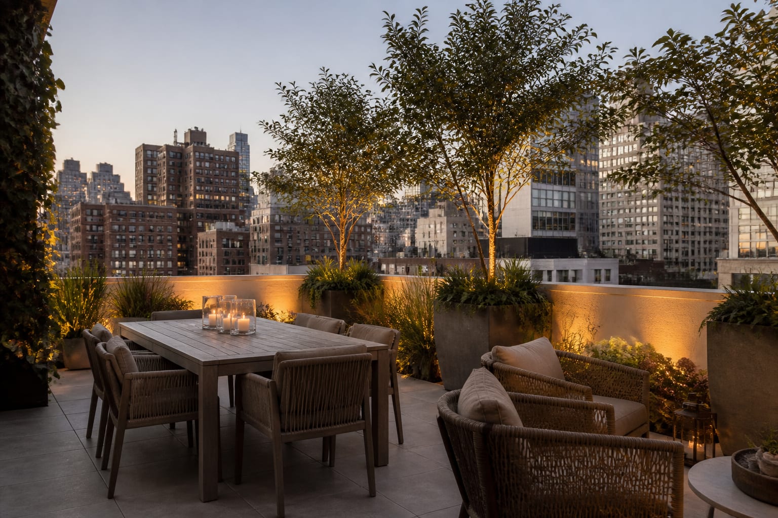 urban rooftop terrace with container trees, a dining table, woven lounge chairs, and low warm lighting along the parapet wall