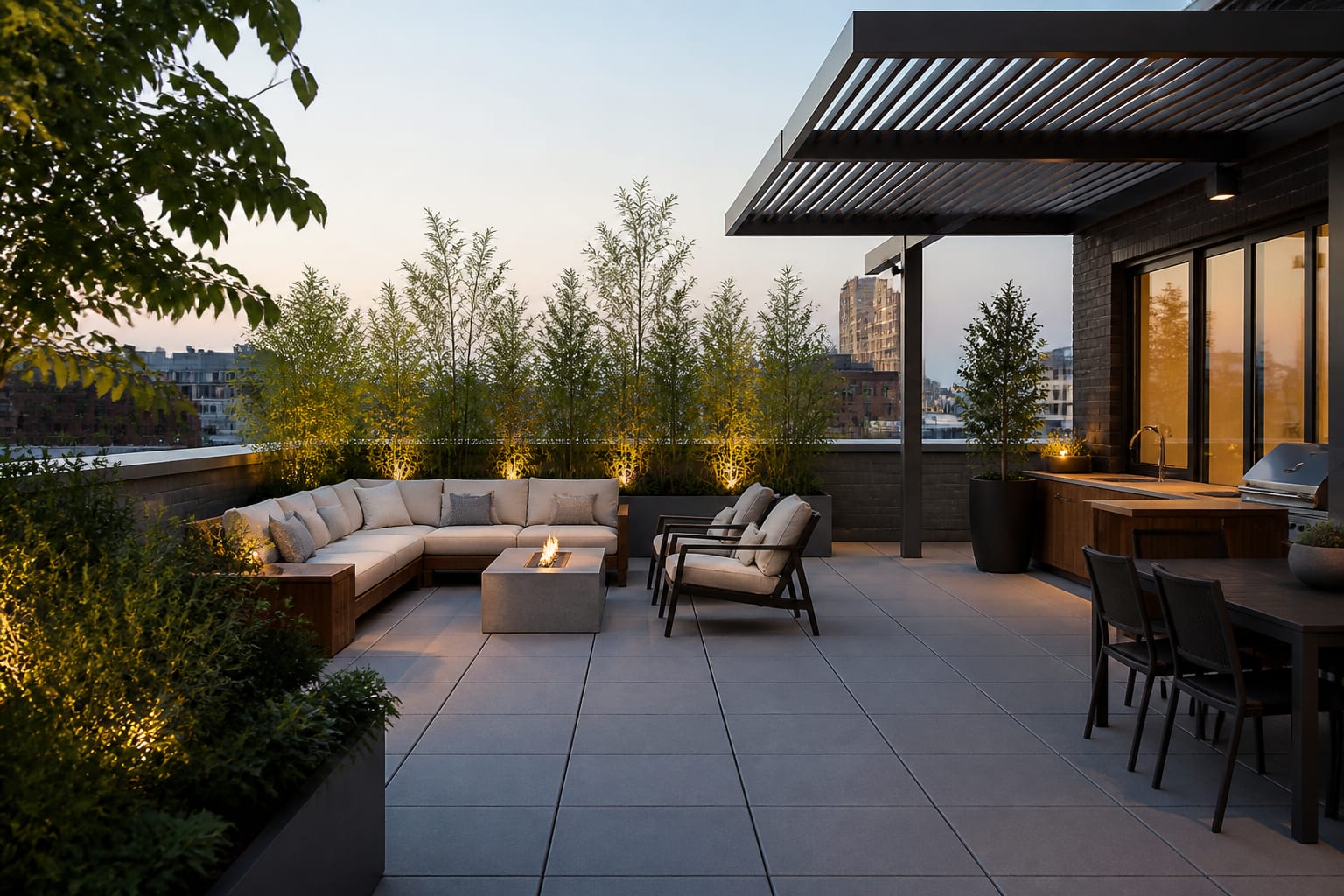 roof terrace concept preview showing a measured furniture plan with planter screens, shade structure, and open circulation to the door
