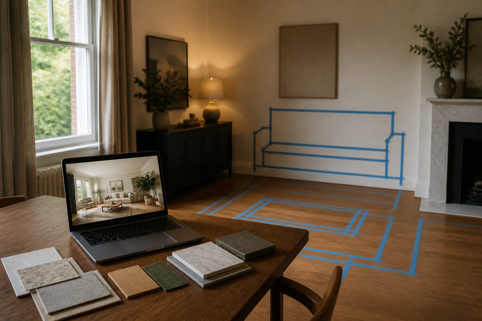 AI room preview on a laptop beside taped furniture outlines and material samples in a real living room