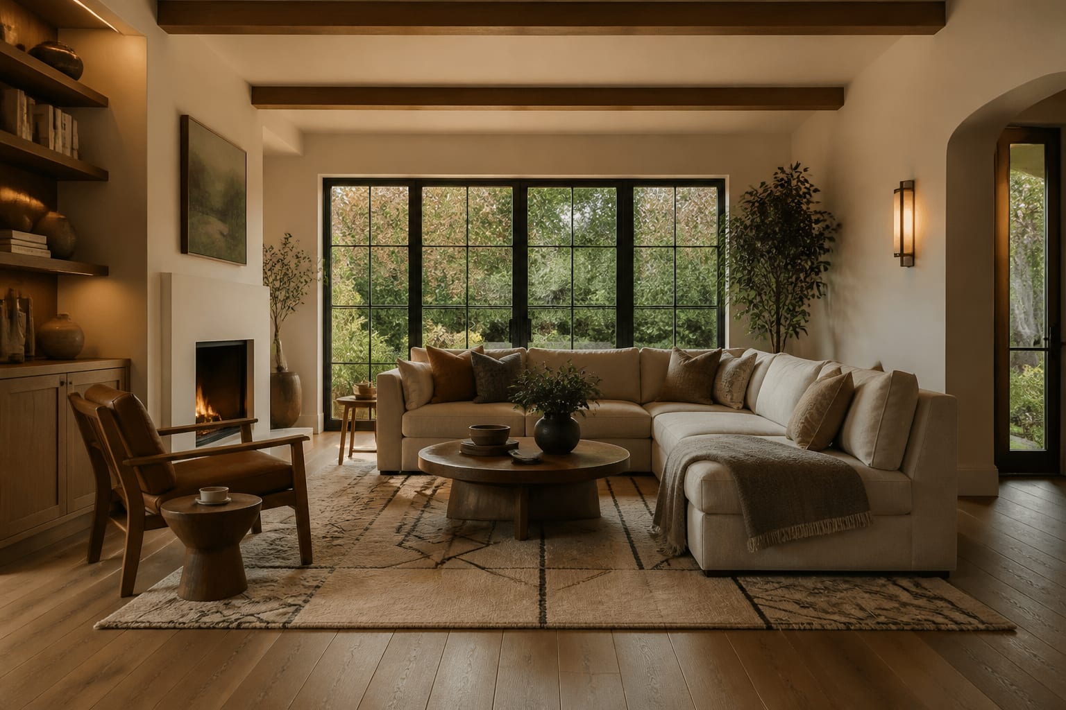 straight-on room photo with visible floor, windows, ceiling line, sofa, rug, and color samples for an AI accuracy check