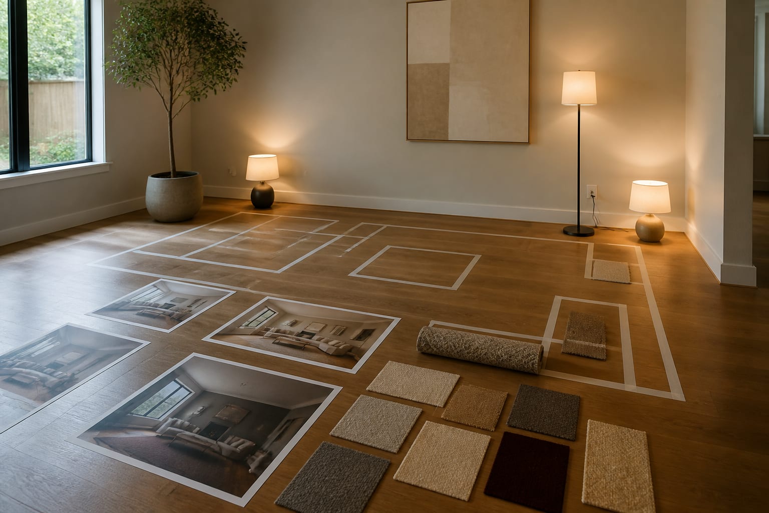 AI-generated room options compared with painter's tape outlines, lamp placement notes, and fabric swatches on the floor