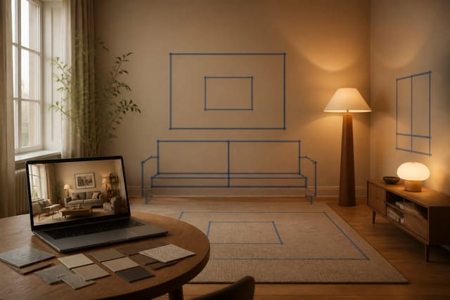 AI room preview on a laptop beside taped furniture outlines and material samples in a real living room