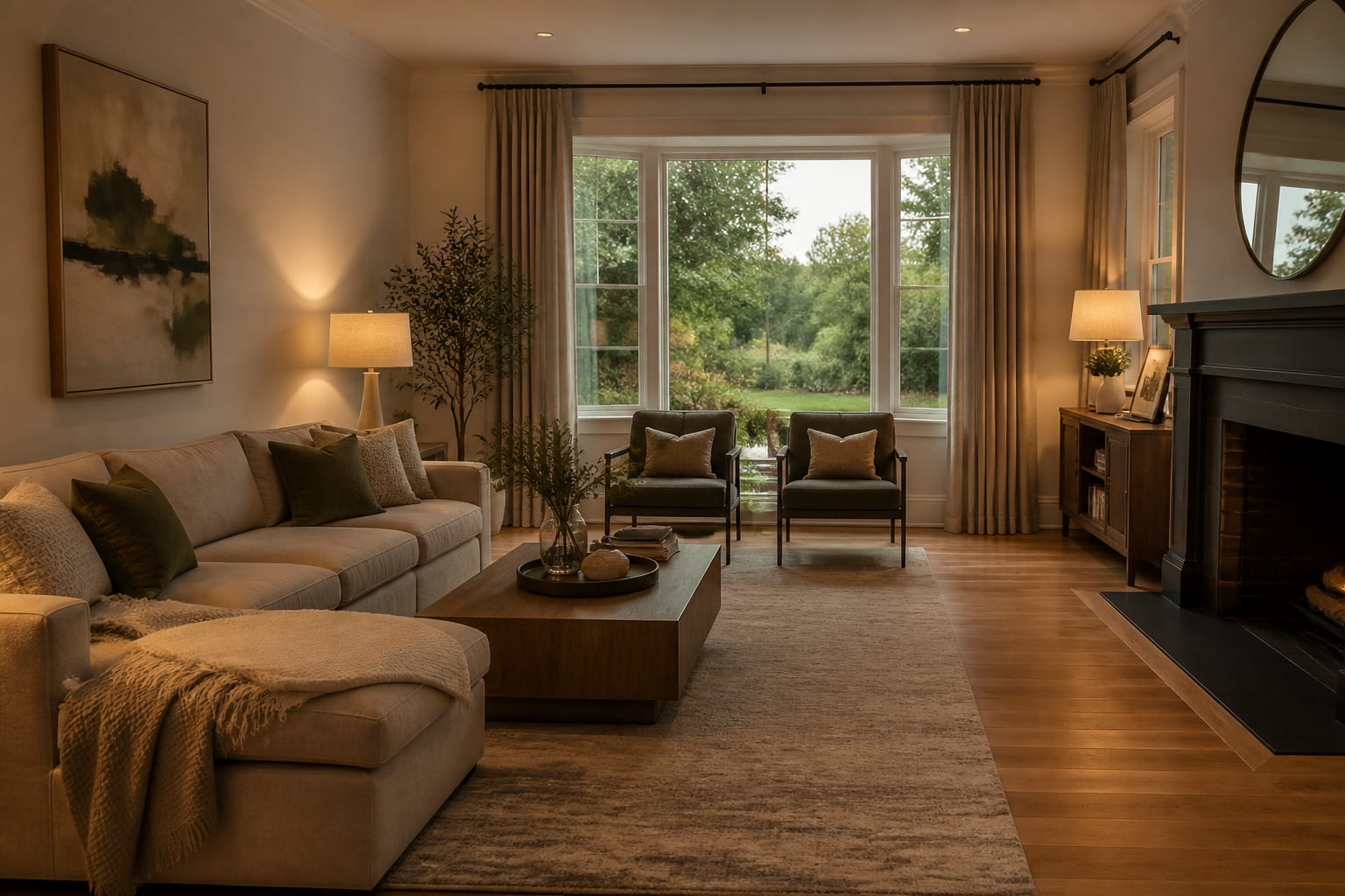 dim living room tidied for AI redesign with visible windows, sofa, floor, and warm lamps before generating previews
