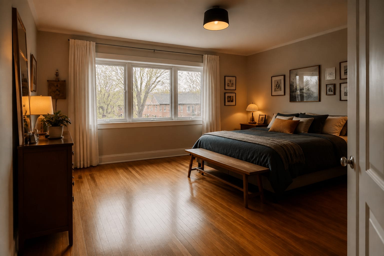 same cluttered bedroom photographed from doorway after clearing floor and opening curtains for better AI room design input
