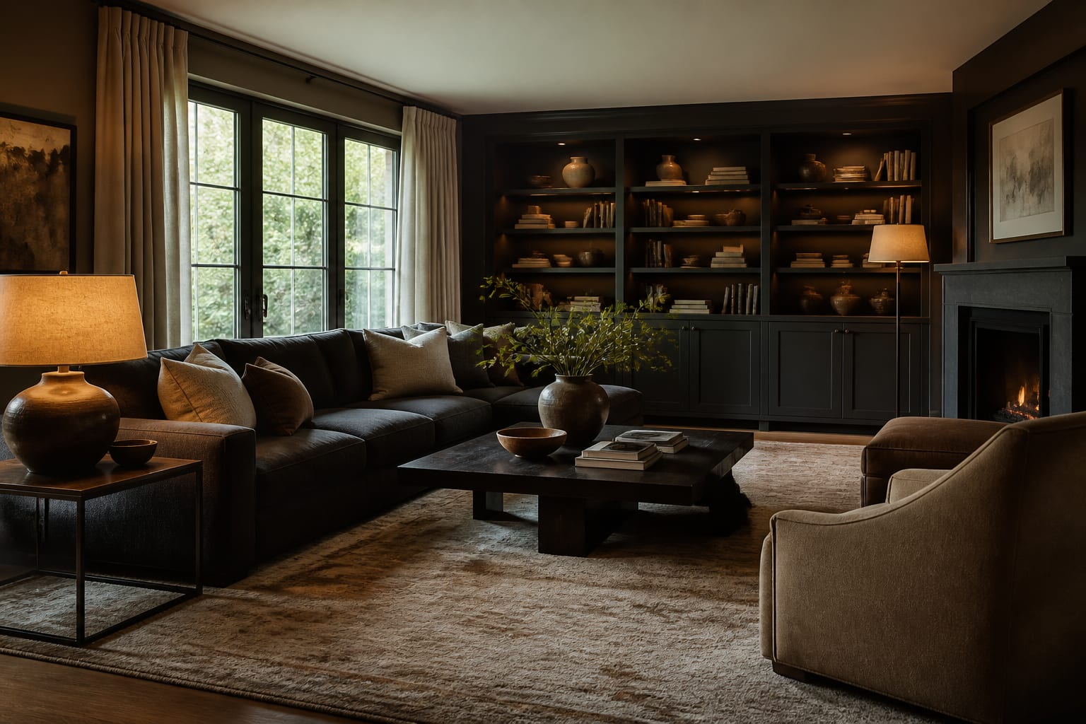 AI preview comparison of a dark family room with warmer lamps, closed storage, pale curtains, and a larger rug