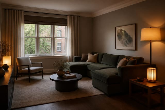 dim living room tidied for AI redesign with visible windows, sofa, floor, and warm lamps before generating previews