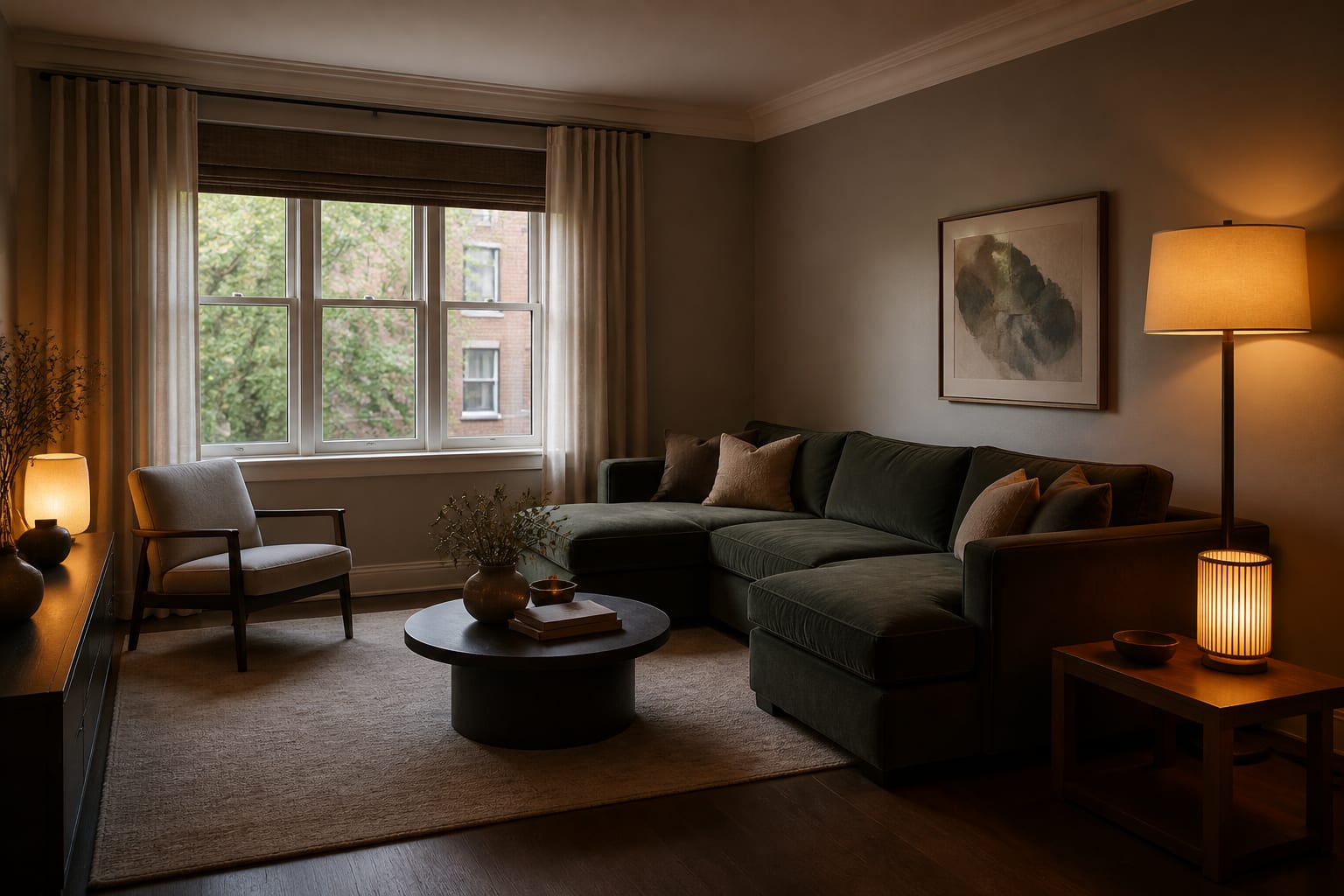 dim living room tidied for AI redesign with visible windows, sofa, floor, and warm lamps before generating previews