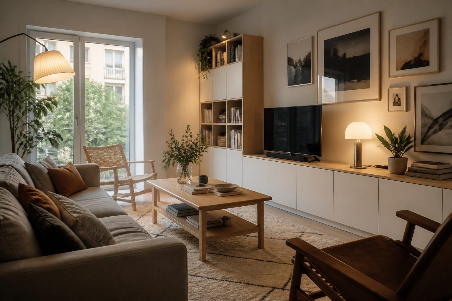 apartment living room with modular IKEA-style storage, pale wood table, washable rug, and warm layered lighting