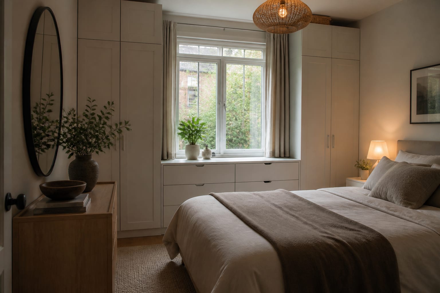 small bedroom with IKEA wardrobe modules planned around a real window, rug clearance, and bedside lighting