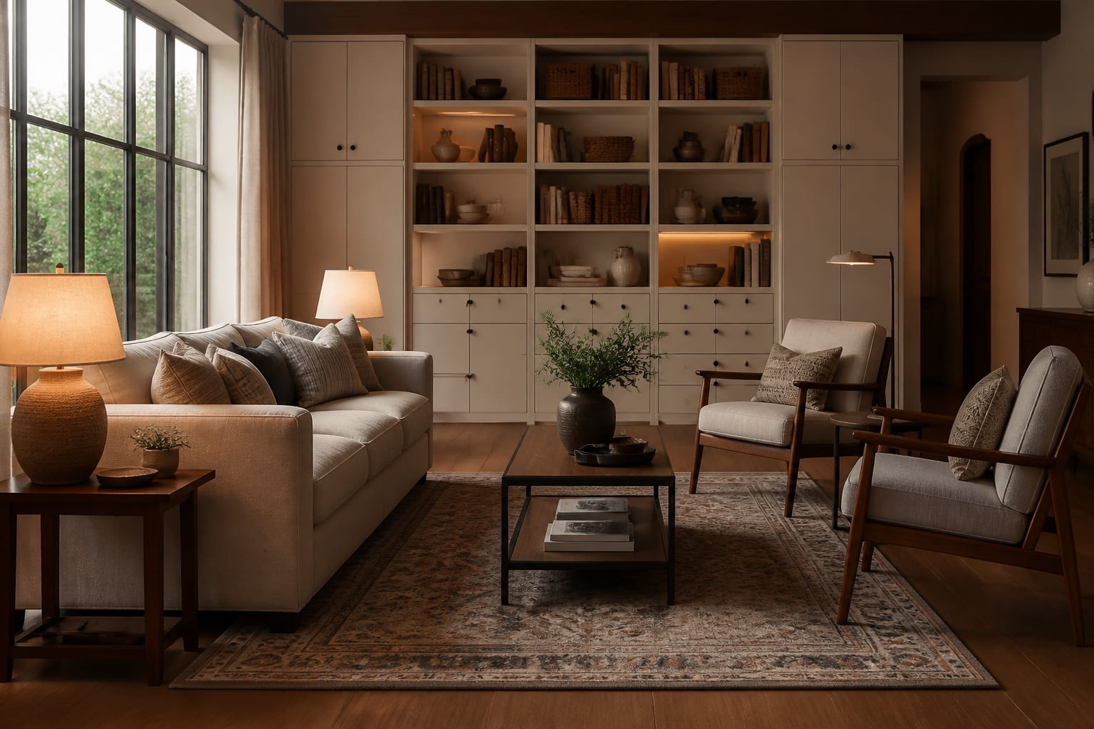 living room photo preview showing IKEA-style storage tested with measured rug size, sofa clearance, and warm table lamps