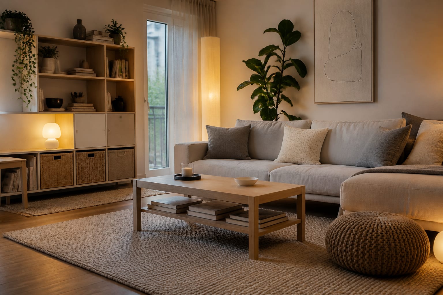 apartment living room with modular IKEA-style storage, pale wood table, washable rug, and warm layered lighting