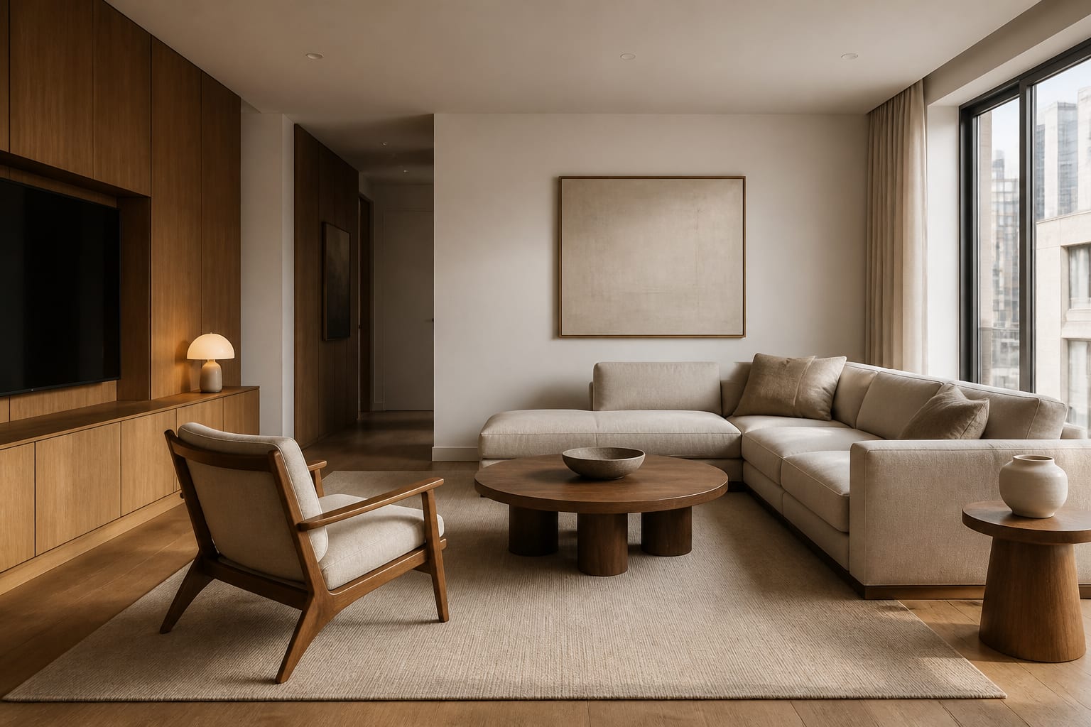 neutral apartment living room with cropped walls, no personal objects, warm wood furniture, and soft daylight for private AI design testing