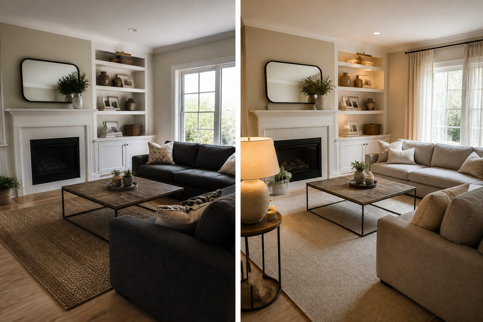 AI preview comparison showing a private cropped living room transformed with a larger rug, linen curtains, and warm layered lighting
