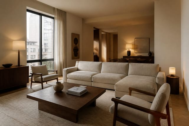 neutral apartment living room with cropped walls, no personal objects, warm wood furniture, and soft daylight for private AI design testing