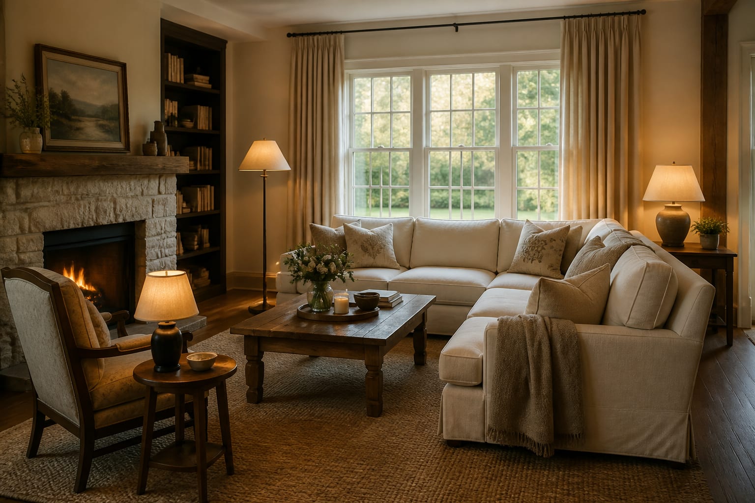 AI room design prompt shown beside a warm living room preview with measured furniture, curtains, and layered lamps