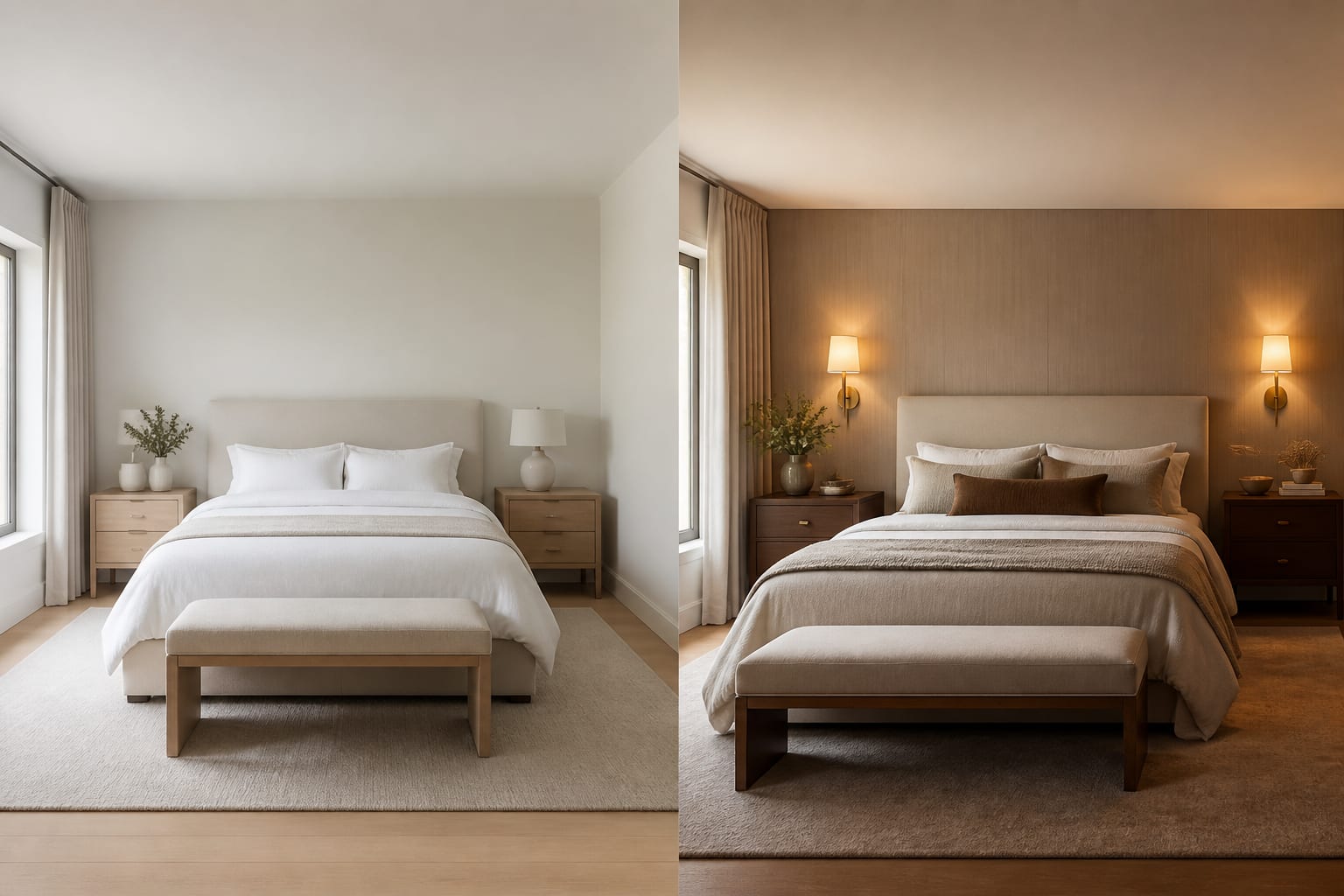 Bedroom prompt revision comparing a vague neutral design with a specific warm modern version using measured nightstands and sconces