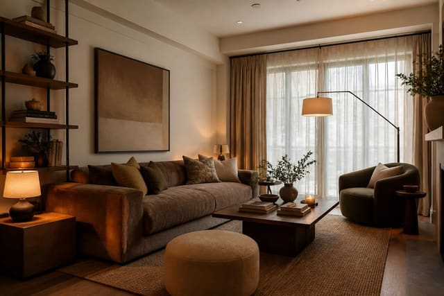 AI room design prompt shown beside a warm living room preview with measured furniture, curtains, and layered lamps