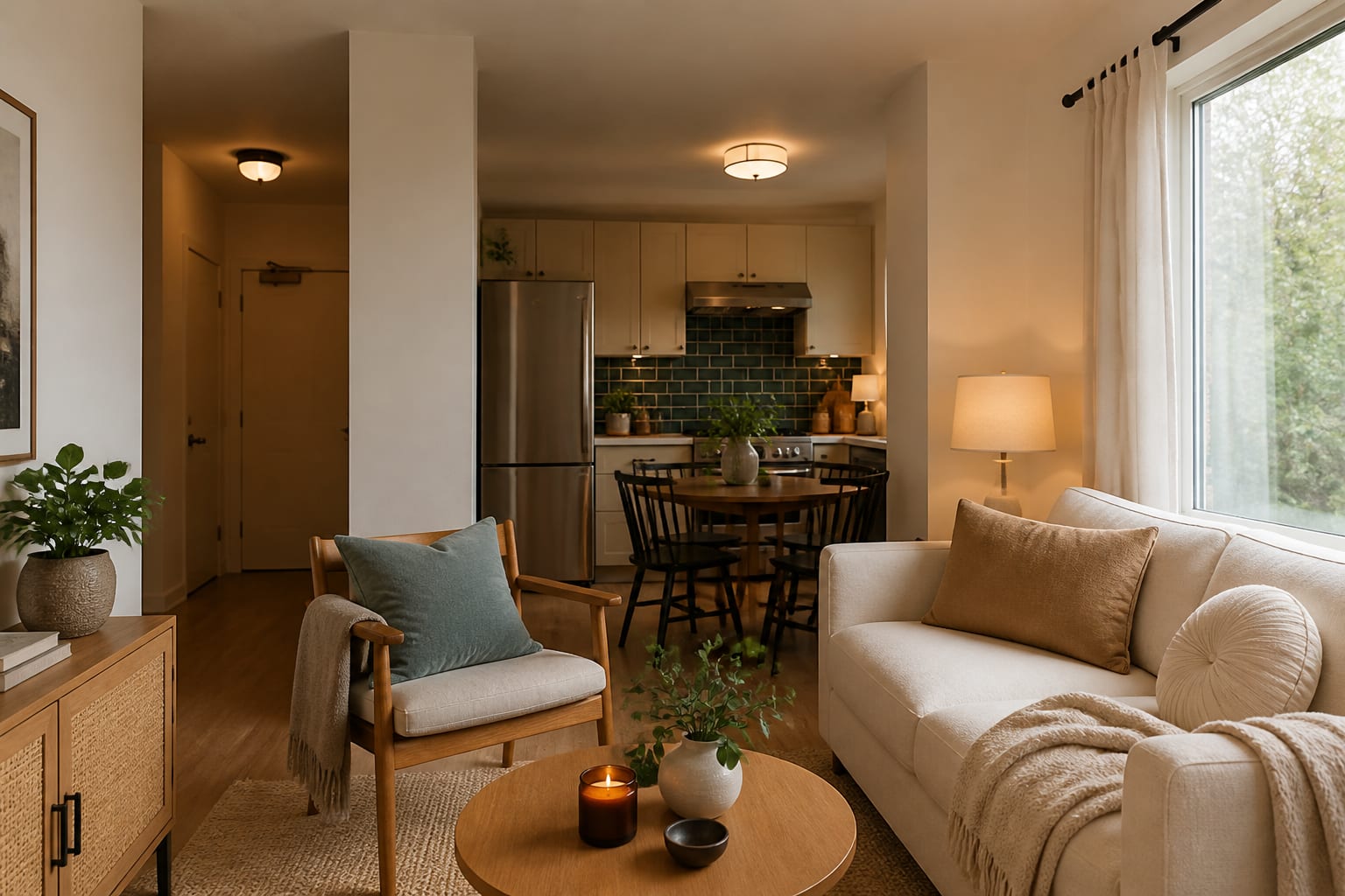 rental living room with removable curtains, warm lamps, storage cabinet, and peel-and-stick backsplash visible from an open-plan apartment