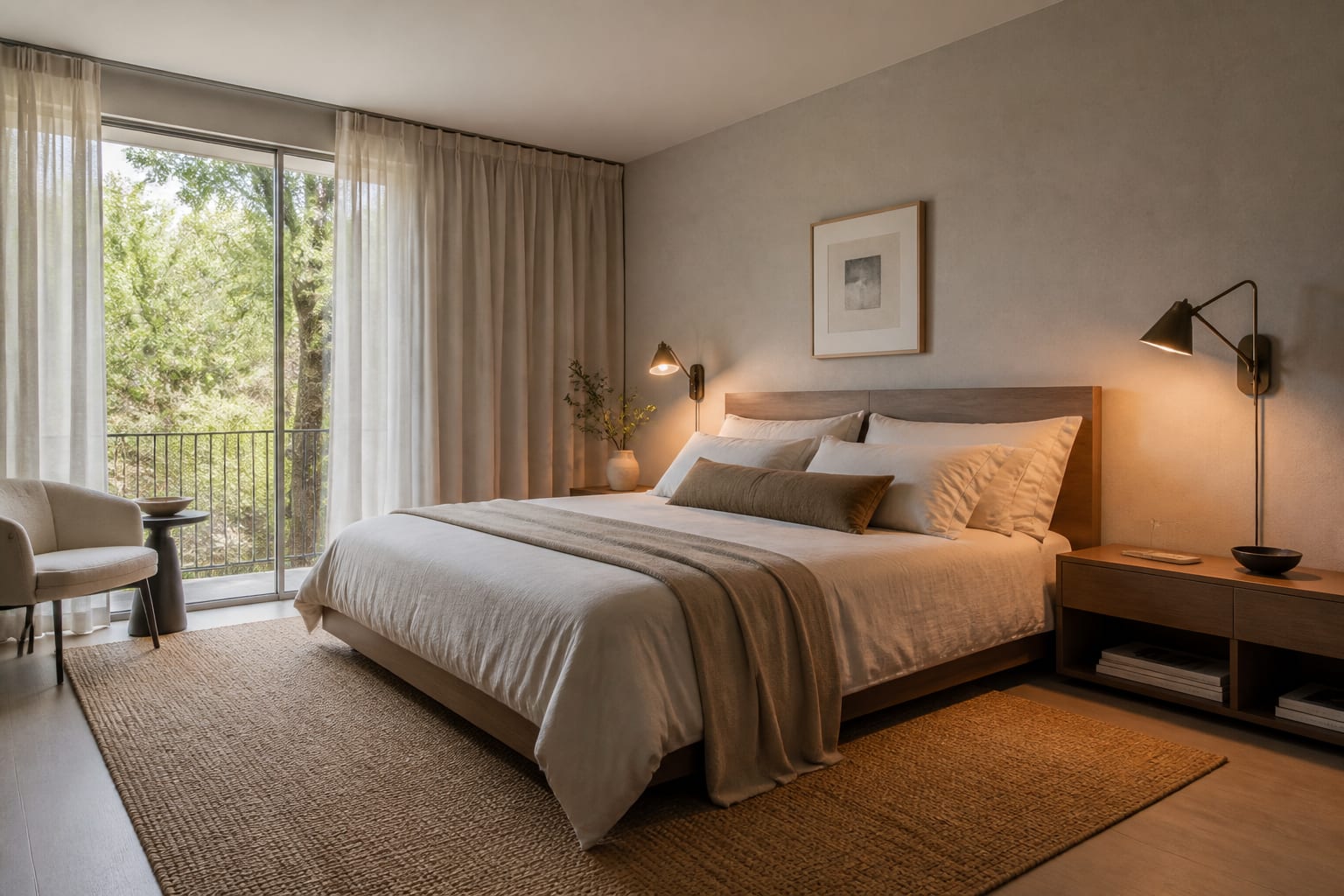 rental bedroom with plug-in sconces, full-height curtains, low-profile storage, and a warm neutral rug under the bed