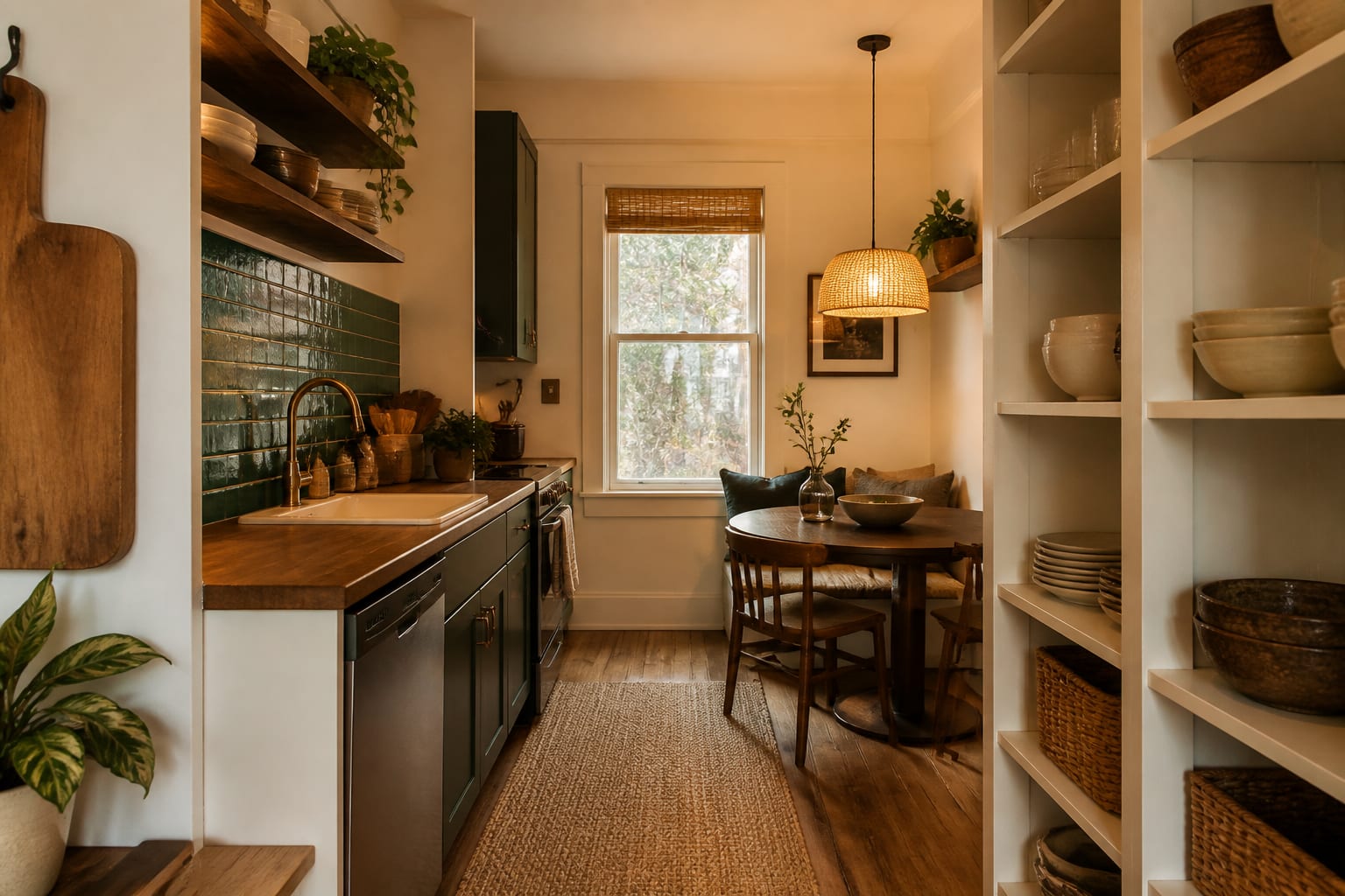 small rental kitchen and dining nook with peel-and-stick backsplash, shallow storage, warm lamps, and a clear walking path