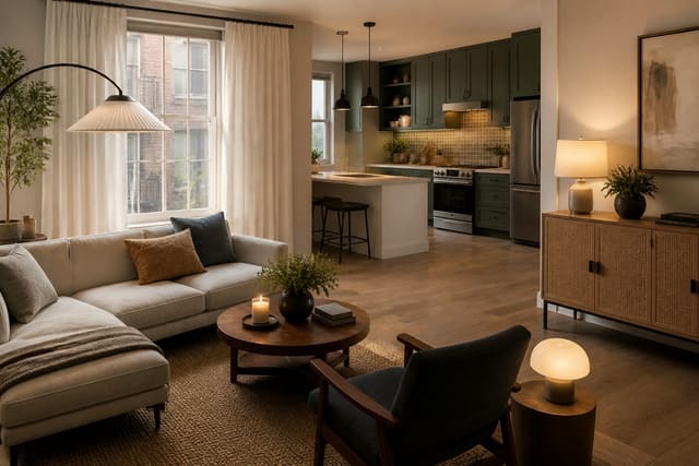rental living room with removable curtains, warm lamps, storage cabinet, and peel-and-stick backsplash visible from an open-plan apartment
