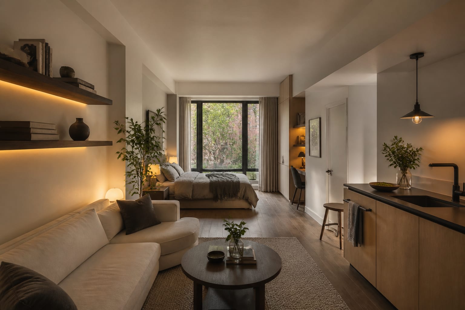 compact studio apartment with a low sofa, wall mounted shelves, warm lamps, and a clear walkway around a small round table