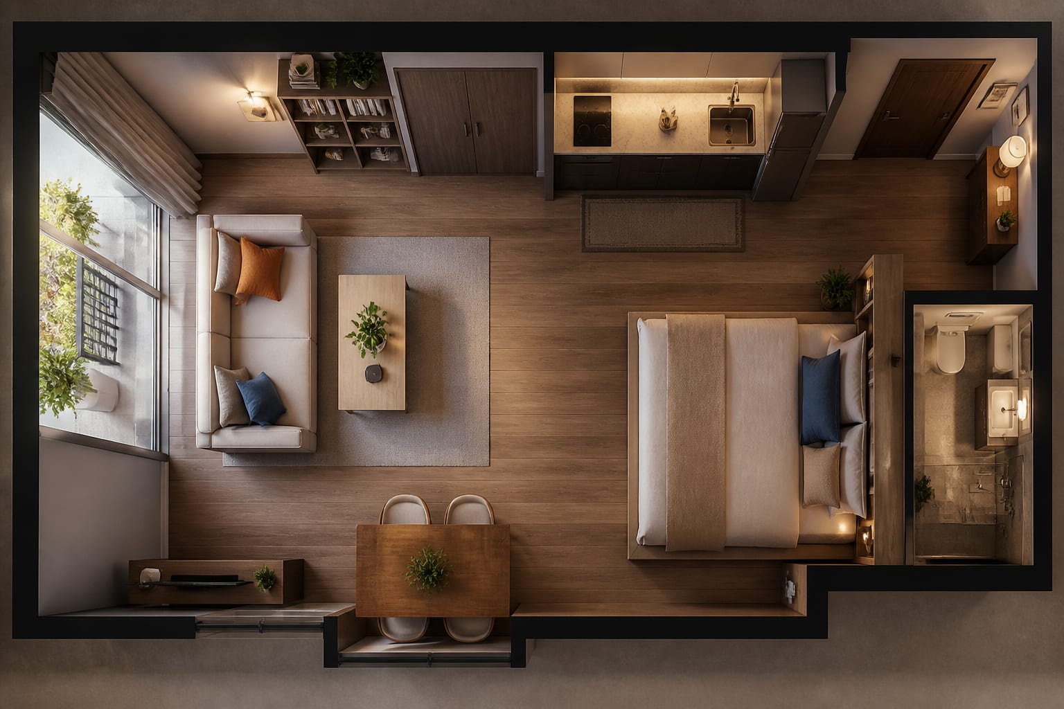 studio apartment floor plan view showing a clear 36 inch walkway between a compact sofa, storage bed, and small dining table
