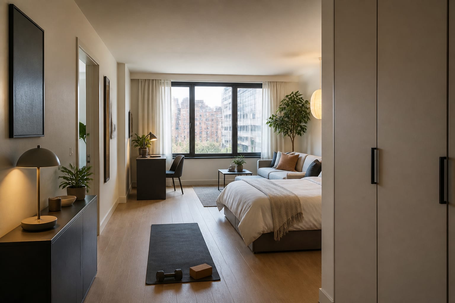 small studio apartment with a foldaway workout mat, narrow desk by the window, and closed storage near the entry
