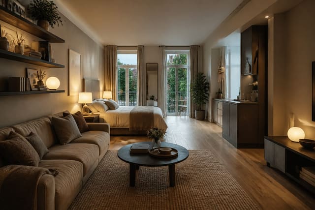 compact studio apartment with a low sofa, wall mounted shelves, warm lamps, and a clear walkway around a small round table
