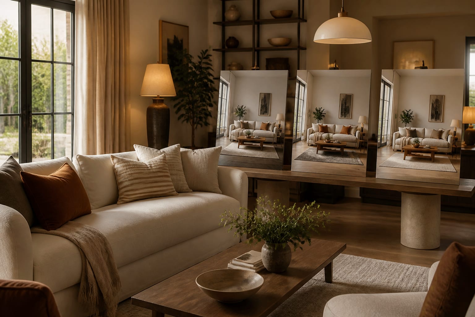 warm modern living room with AI concept variations shown beside a real sofa, oak floor, linen curtains, and layered lamps