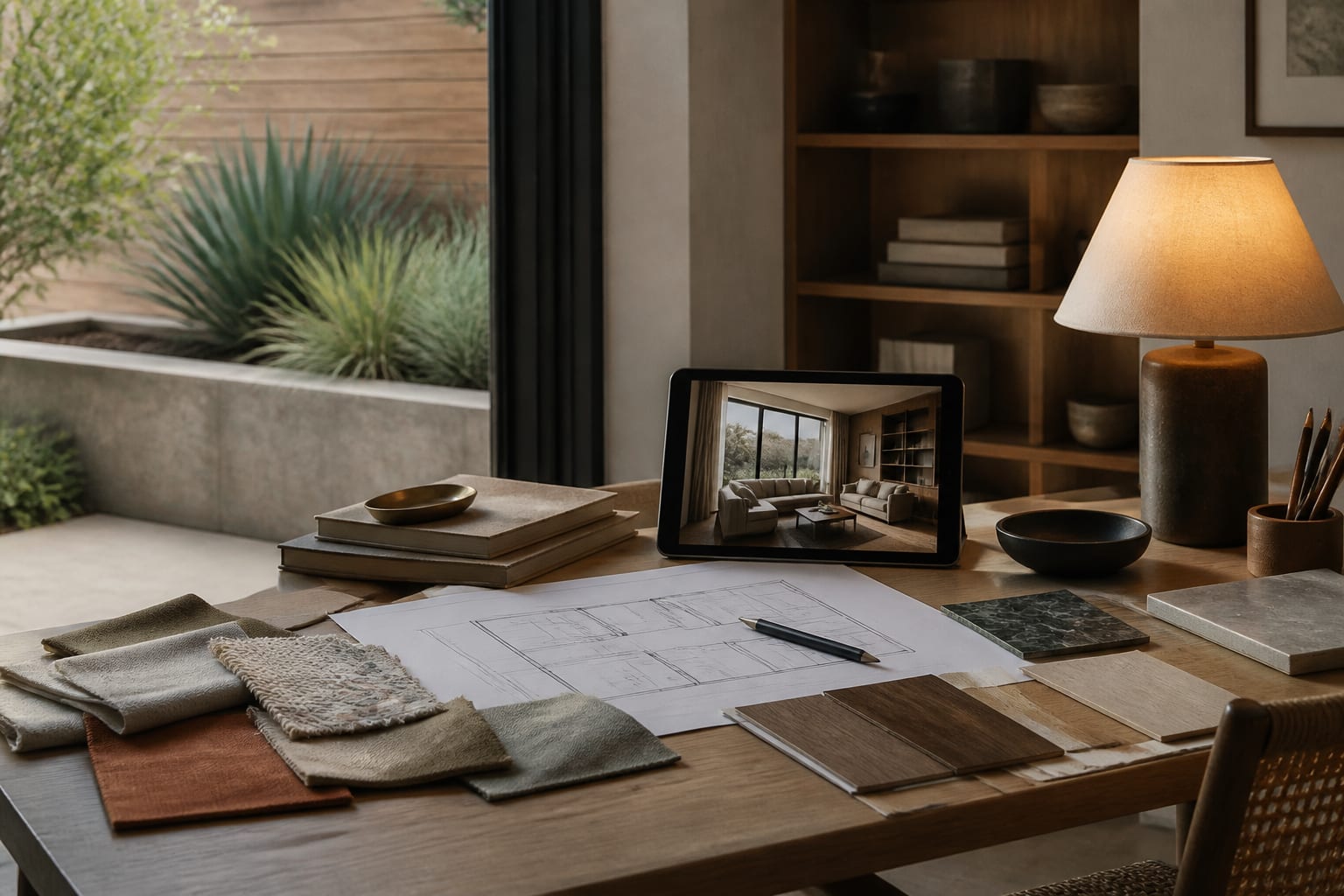 designer desk with fabric swatches, measured floor plan, AI room preview, wood samples, and warm lamp finishes