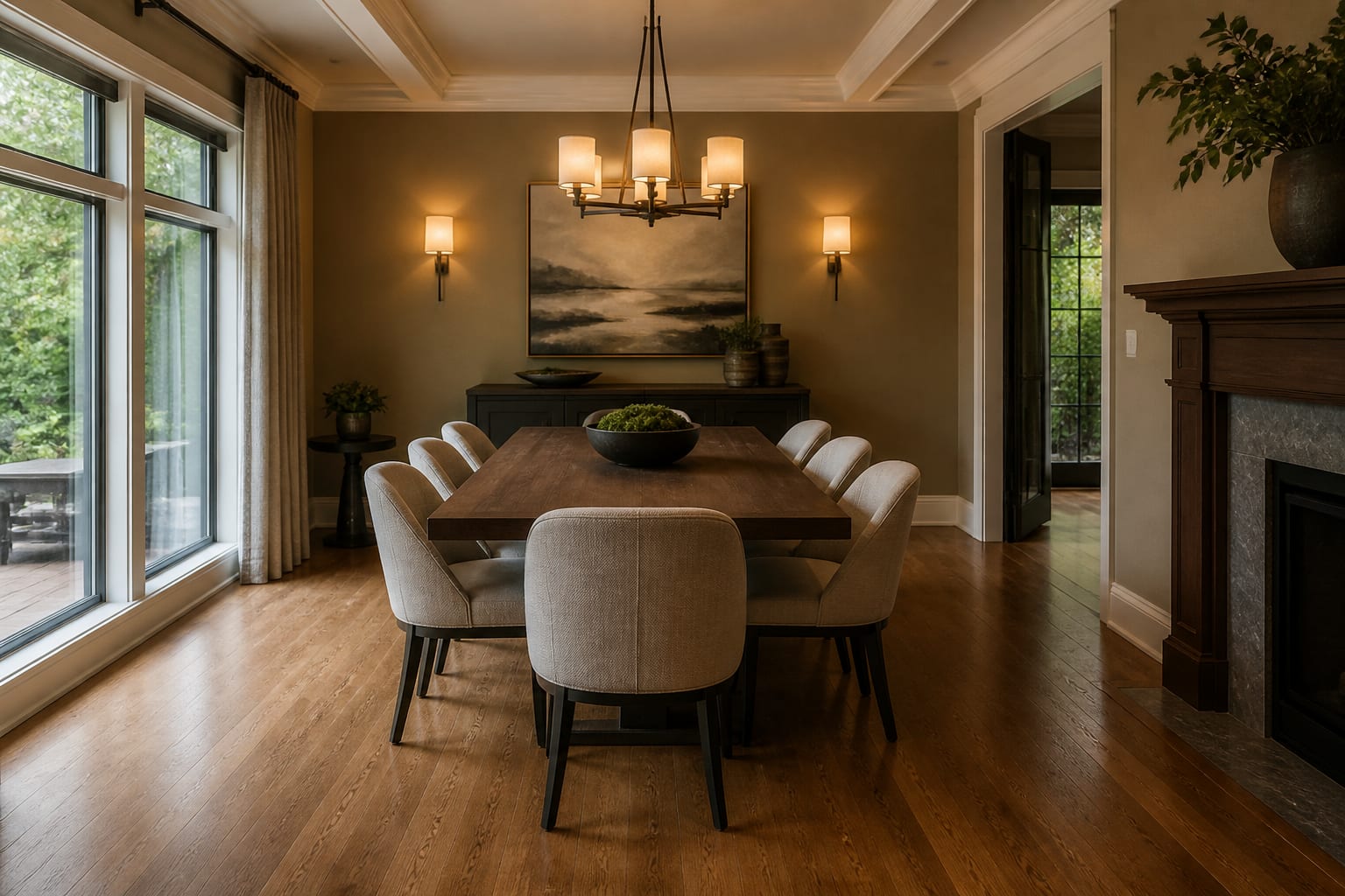 AI preview applied to the same dining room with measured table clearance, warm wall color, shaded sconces, and existing oak floor