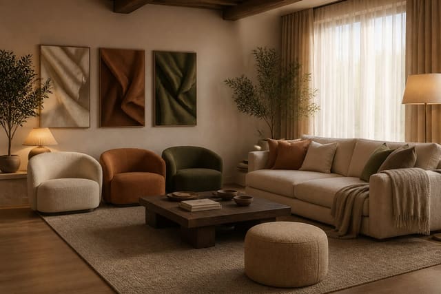 warm modern living room with AI concept variations shown beside a real sofa, oak floor, linen curtains, and layered lamps