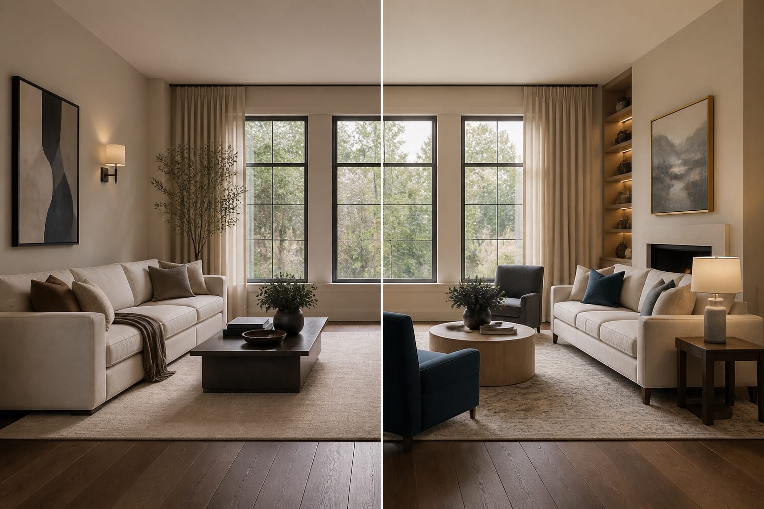 living room photo split between AI redesign options and clean virtual staging for a listing, with same window wall and floors