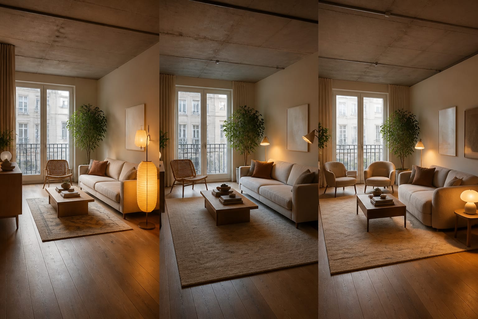 cozy apartment living room showing three AI redesign variations with different rug sizes, lamp warmth, and seating layouts