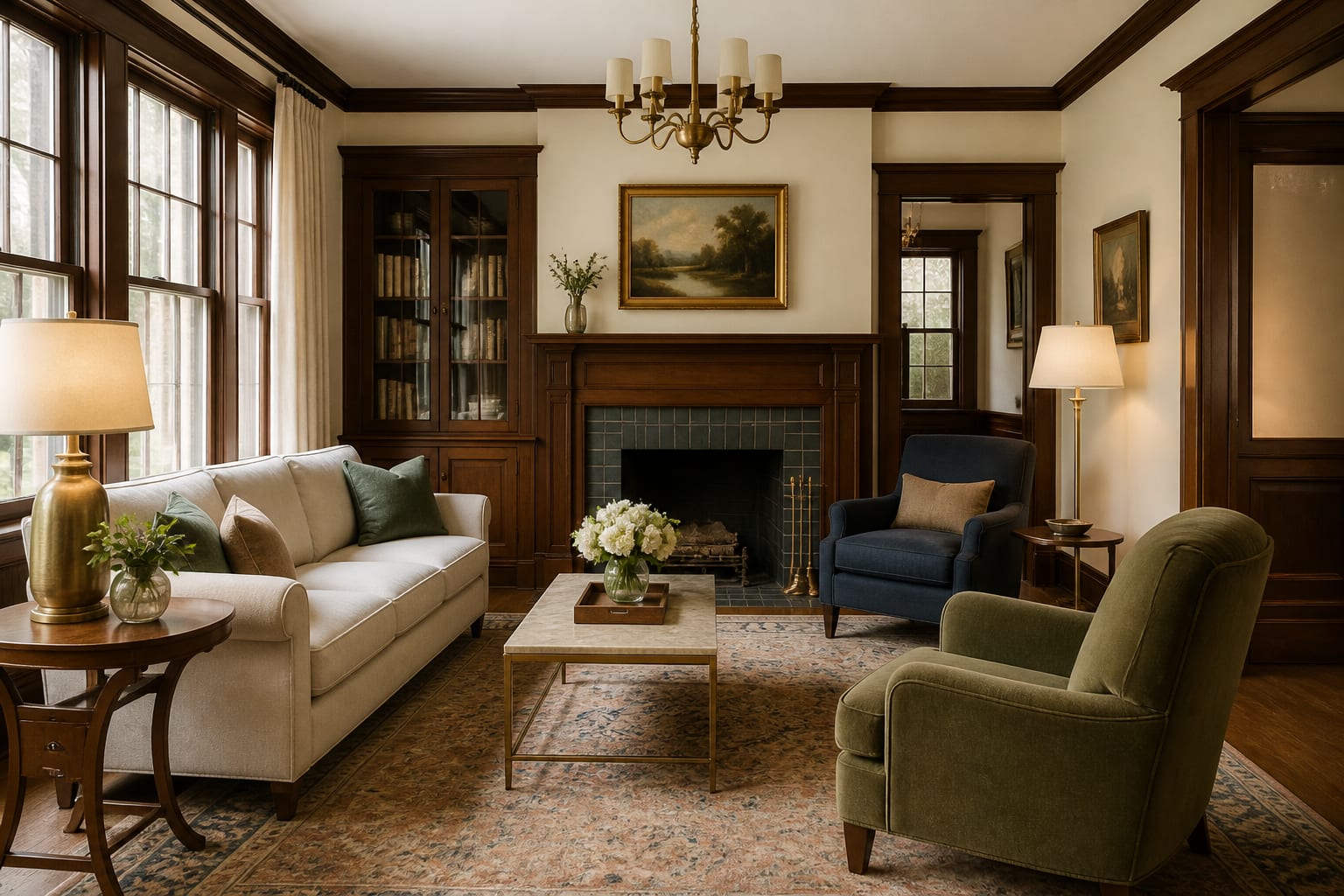 traditional sitting room preview with preserved millwork, updated upholstery, warm brass lamps, and measured walking paths