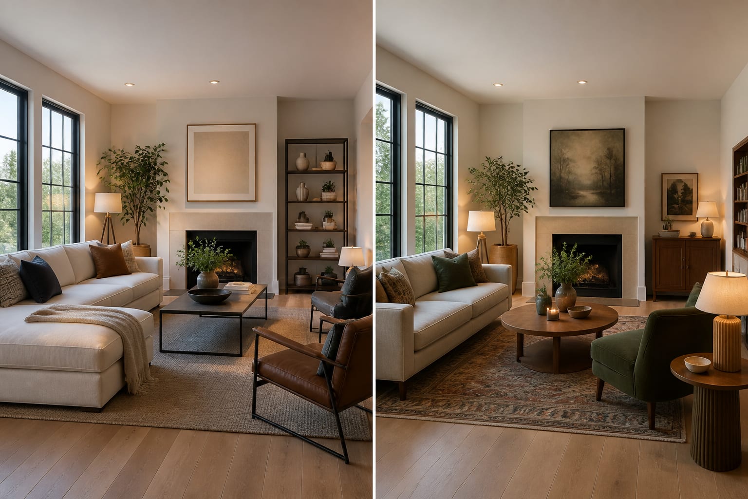 living room photo split between AI redesign options and clean virtual staging for a listing, with same window wall and floors