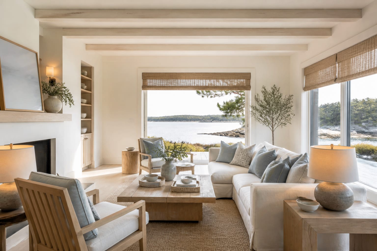 Scandinavian coastal living room with pale oak furniture, linen upholstery, woven shades, soft blue accents, and uncluttered daylight