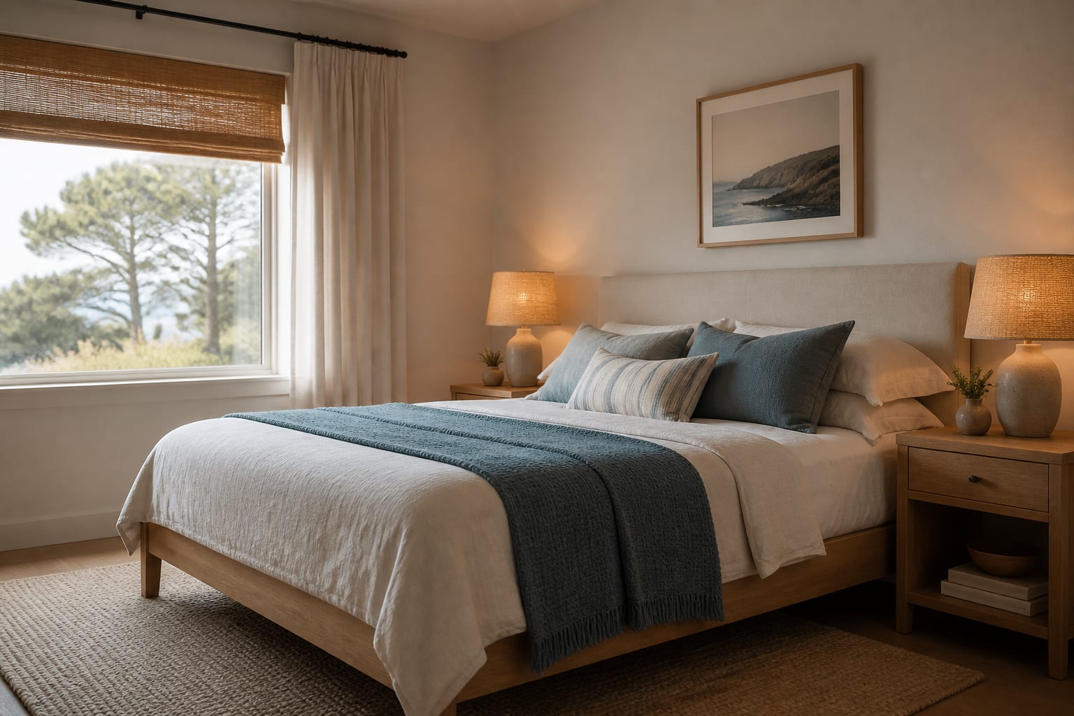 Scandi-coastal bedroom with white oak bed, linen headboard, woven window shade, muted blue throw, and warm bedside lamps