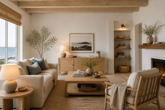 Scandinavian coastal living room with pale oak furniture, linen upholstery, woven shades, soft blue accents, and uncluttered daylight