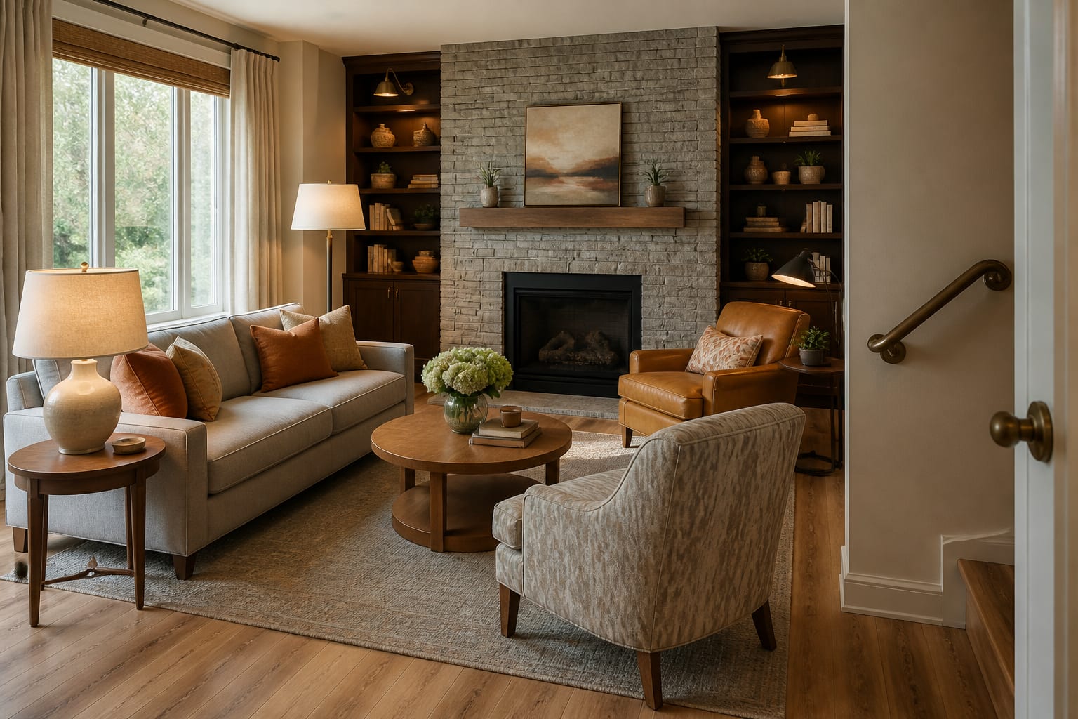 Warm accessible living room with clear walkways, low-glare lamps, supportive seating, and stylish grab-bar details