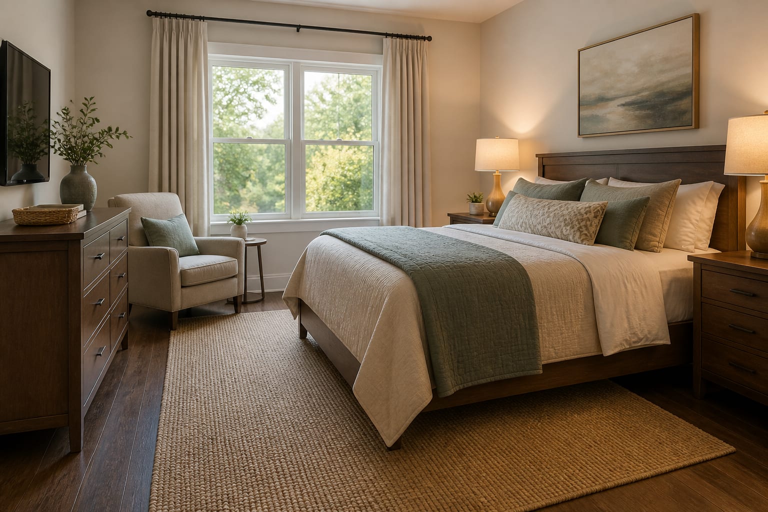 Accessible bedroom with clear bedside route, warm lamps, supportive chair, and low-pile rug secured under furniture