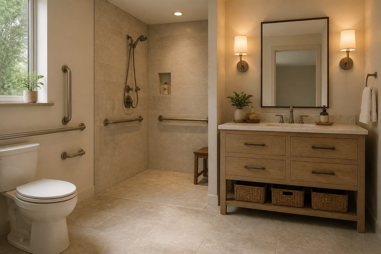 Senior-friendly bathroom with coordinated metal grab bars, curbless shower, warm sconces, and non-slip stone-look tile
