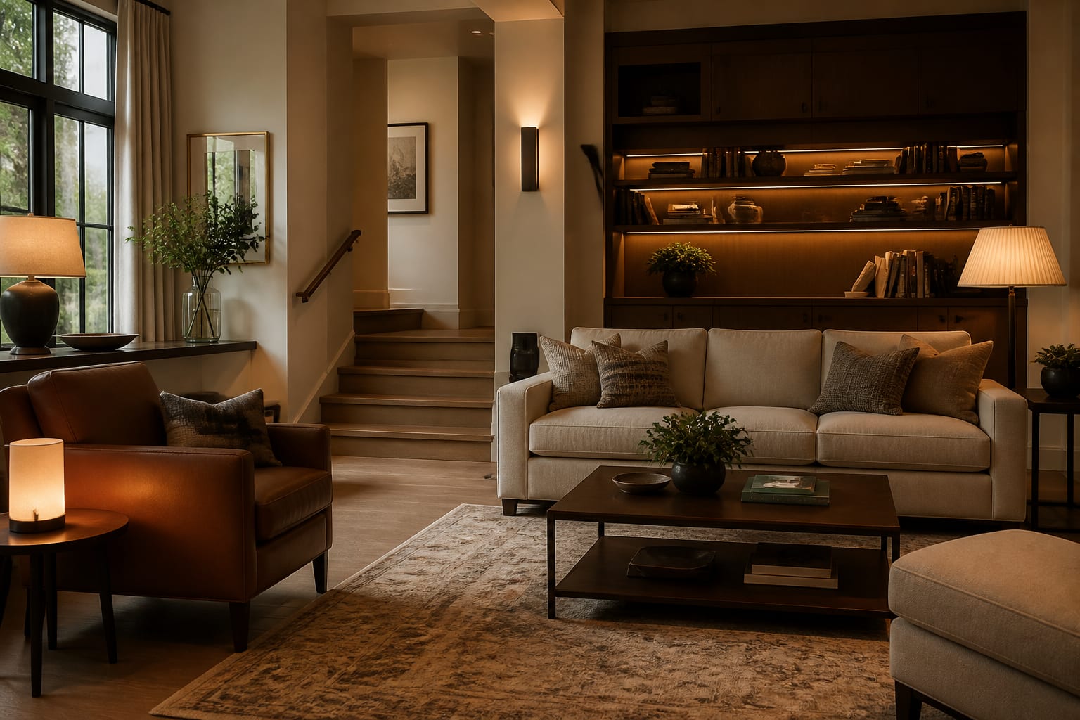 Warm accessible living room with clear walkways, low-glare lamps, supportive seating, and stylish grab-bar details