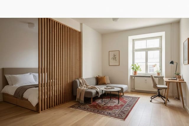 compact studio apartment with a bed nook, slim sofa, round table, wall storage, and warm layered lighting