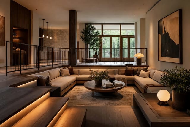 sunken living room with a defined conversation pit, low sectional, warm step lighting, and a continuous rug linking upper and lower levels