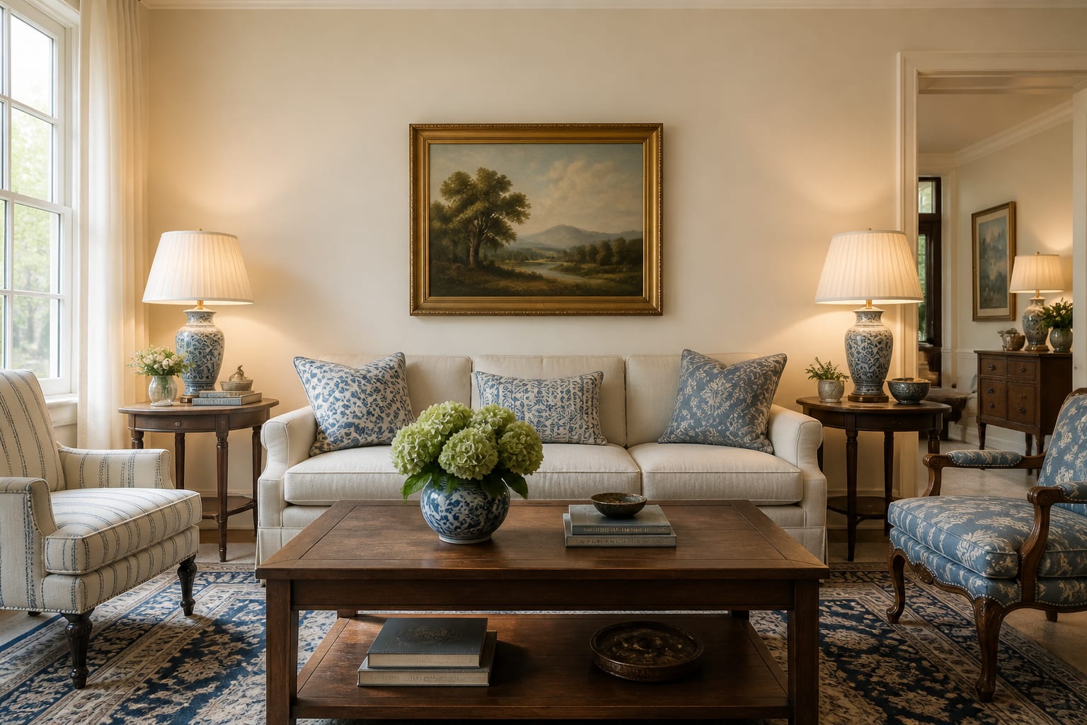 traditional living room with paired lamps, tailored sofa, wood tables, patterned rug, and warm classic symmetry