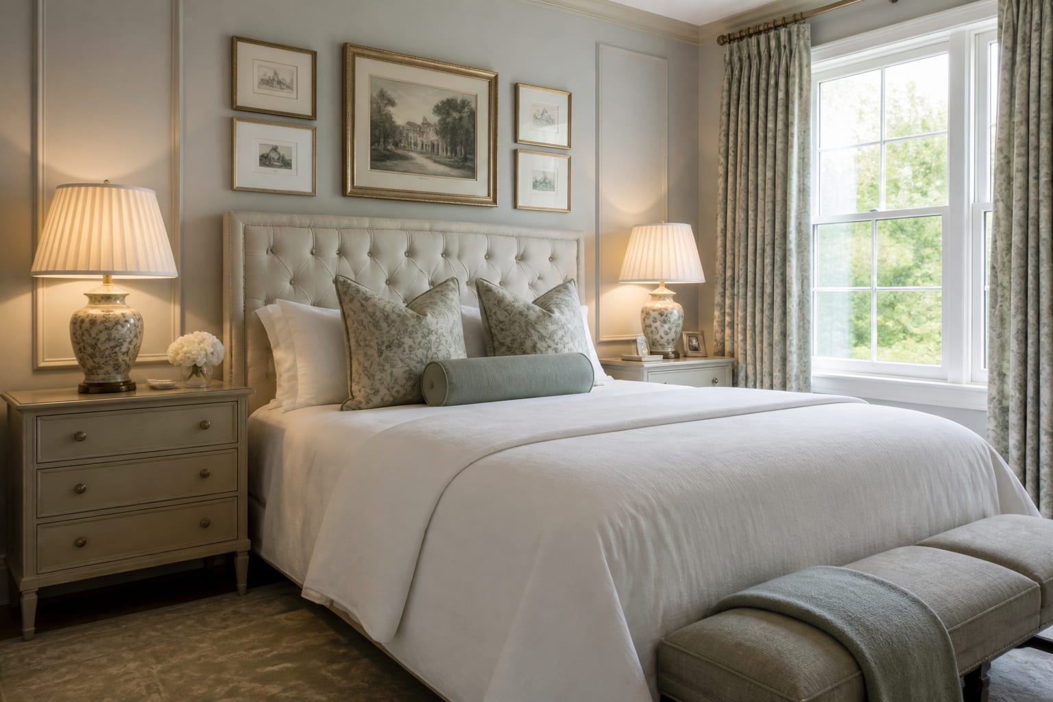 classic bedroom with upholstered headboard, matching bedside scale, shaded lamps, framed art, and full length curtains
